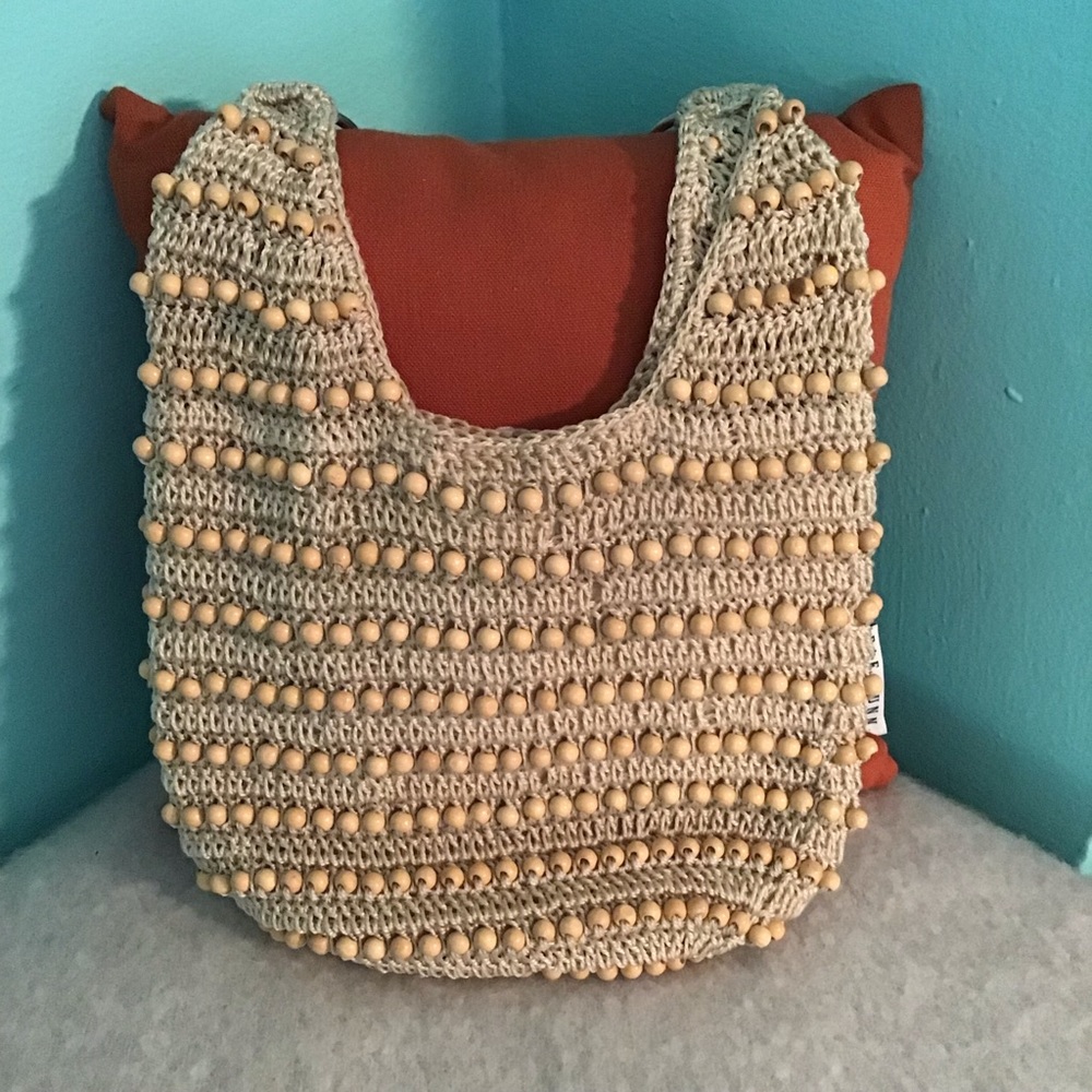 Wood Bead Crochet Knit Shoulder Bag